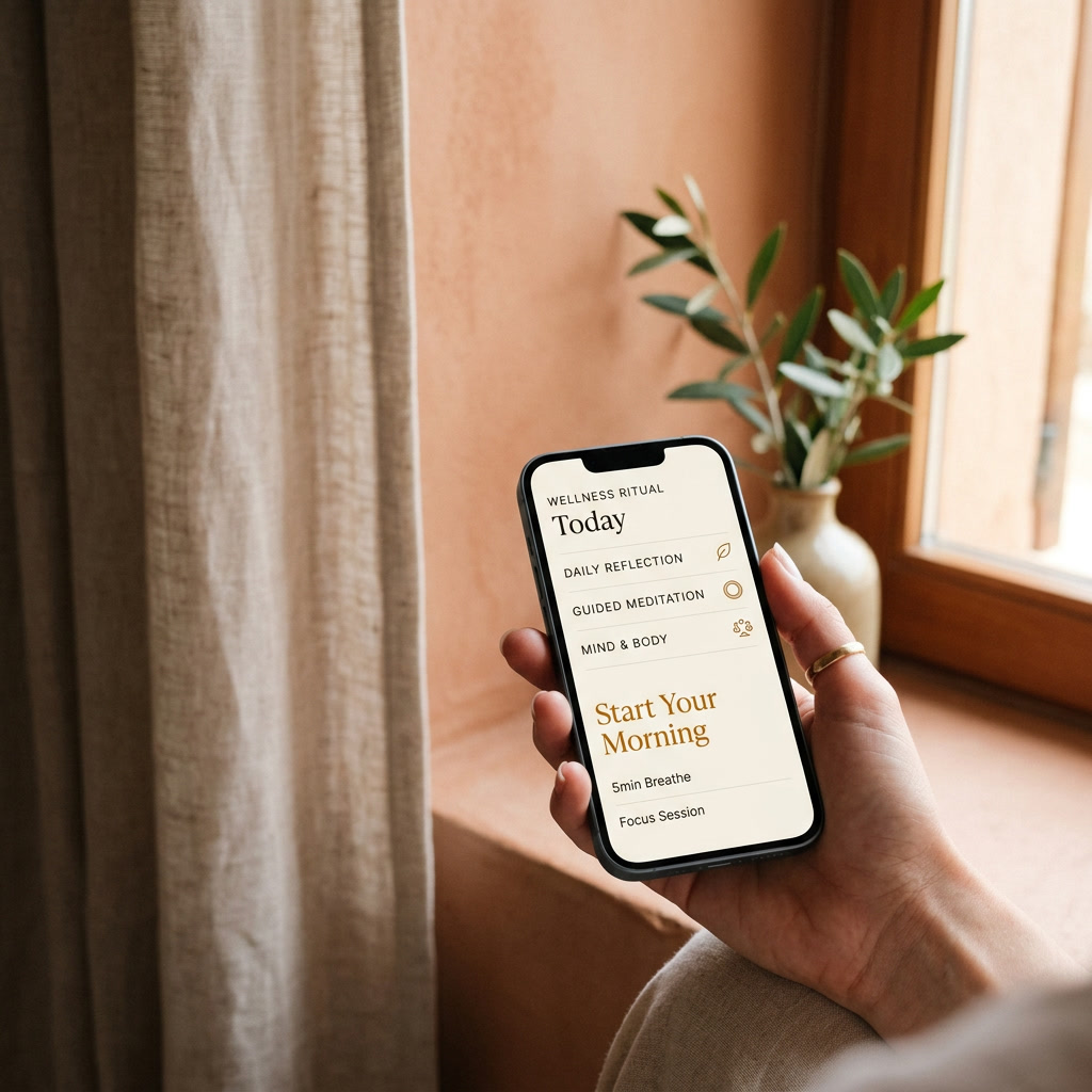 A hand holds an iPhone showing the VitalMe app interface — 'Wellness Ritual / Today' with a 'Start Your Morning' card in warm ochre.