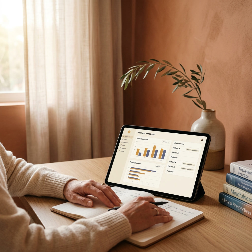 A therapist's private practice office at golden-hour morning — an open notebook beside an iPad showing a warm cream clinical dashboard.